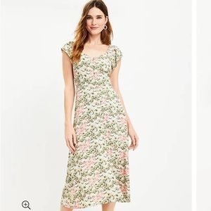 Loft floral cap sleeve midi dress button front size 0P new